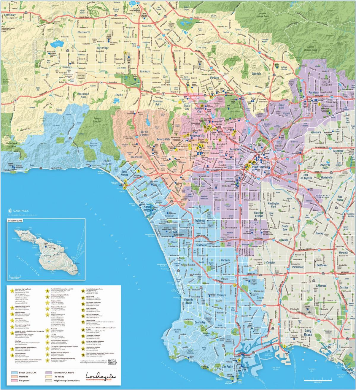 De kaart van de bezienswaardigheden van Los Angeles